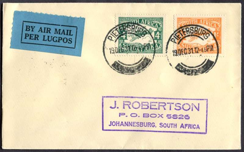 Union of SA - Flight Cover - From Pietersburg to Johannesburg