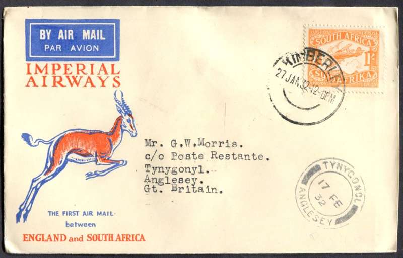 Union of SA - Flight Cover - From Kimberley to Great Britain