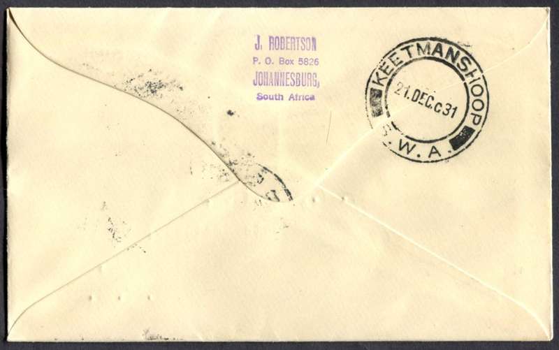 Union of SA - Flight Cover - From Kimberley to SWA
