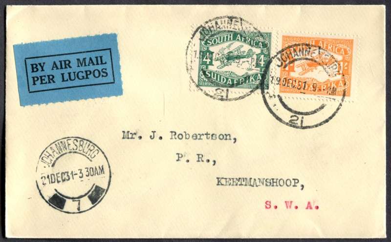 Union of SA - Flight Cover - From Johannesburg to SWA