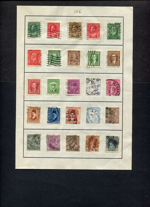 Canada/Egypt/India - 25 Stamps Mounted (Hinged) On Old Approval Page