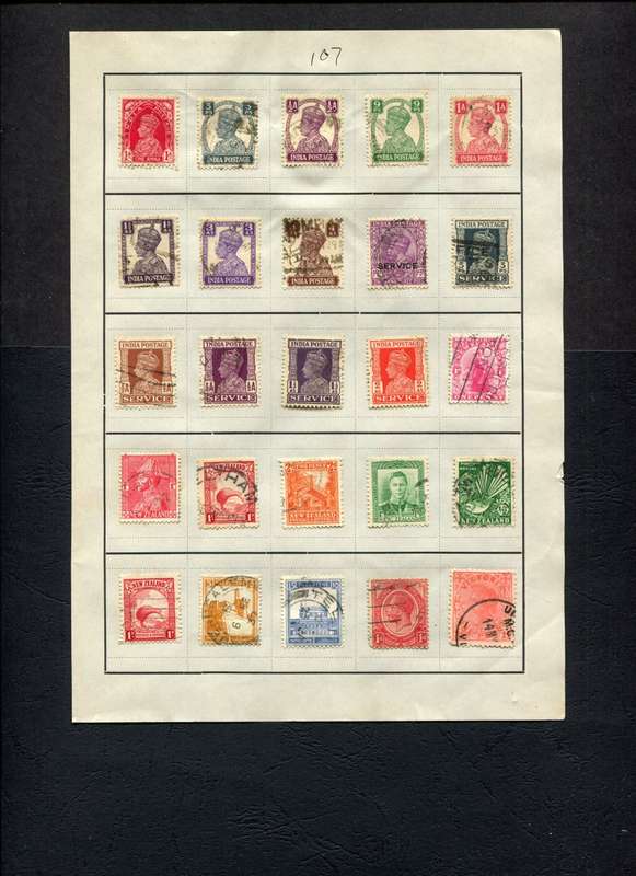 India/New Zealand and Others - 25 Stamps Mounted (Hinged) On Old Approval Page