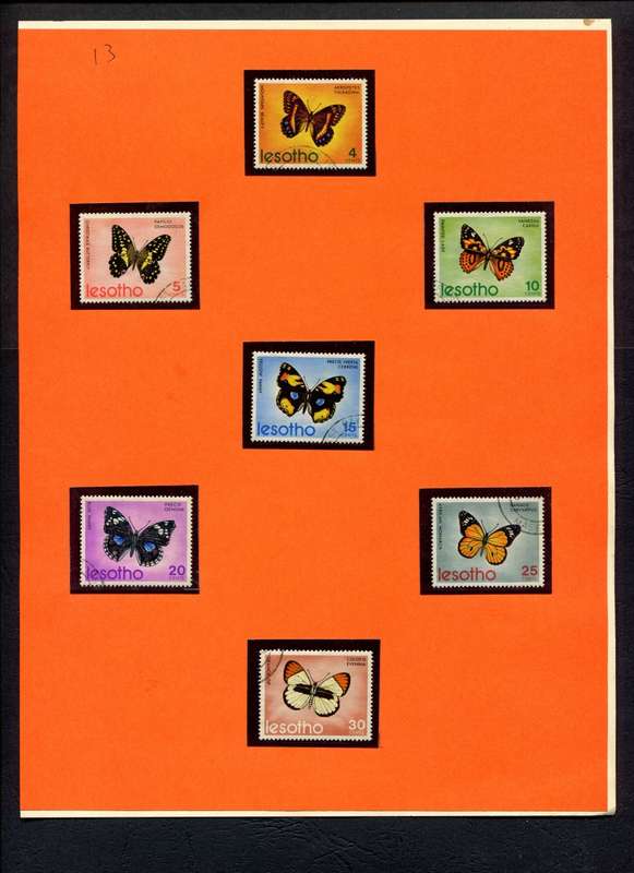 Lesotho - Butterflies - 7 Stamps Mounted (Hinged) on Old Album Page