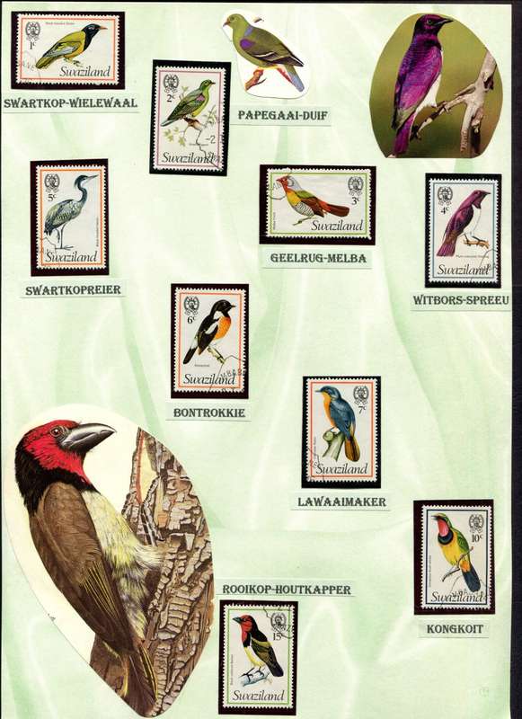 Swaziland - Birds - 15 Stamps Mounted (Hinged) on 2 Old Album Pages
