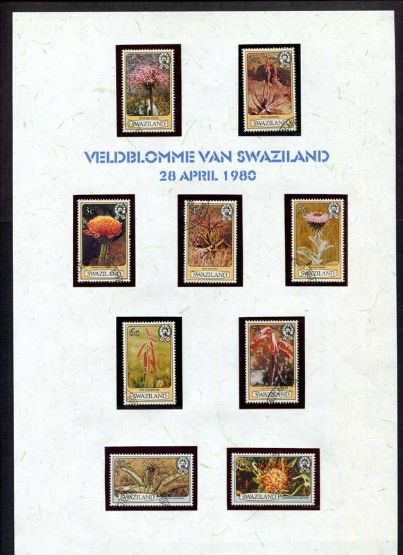 Swaziland - Flowers - 15 Stamps Mounted (Hinged) on 2 Old Album Pages