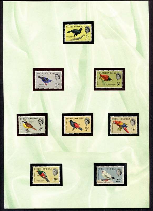 British Honduras - Birds - 8 Stamps Mounted (Hinged) on Old Album Page