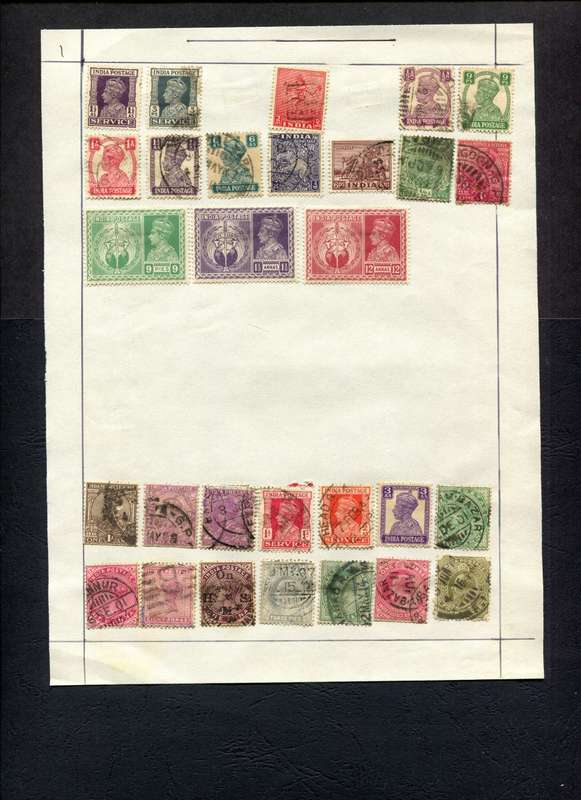 India - 29 Stamps Mounted (Hinged) on Old Album Page