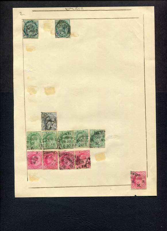 India - 13 Stamps Mounted (Hinged) on Old Album Page
