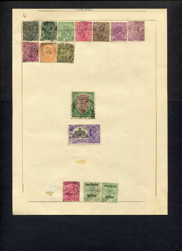India - 15 Stamps Mounted (Hinged) on Old Album Page