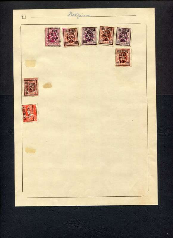 Belgium - 8 Stamps Mounted (Hinged) on Old Album Page