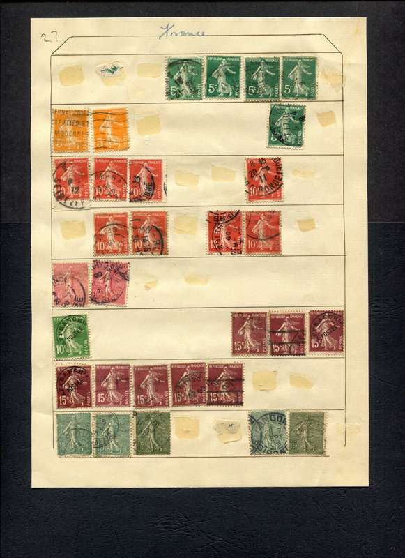 France - 31 Stamps Mounted (Hinged) on Old Album Page