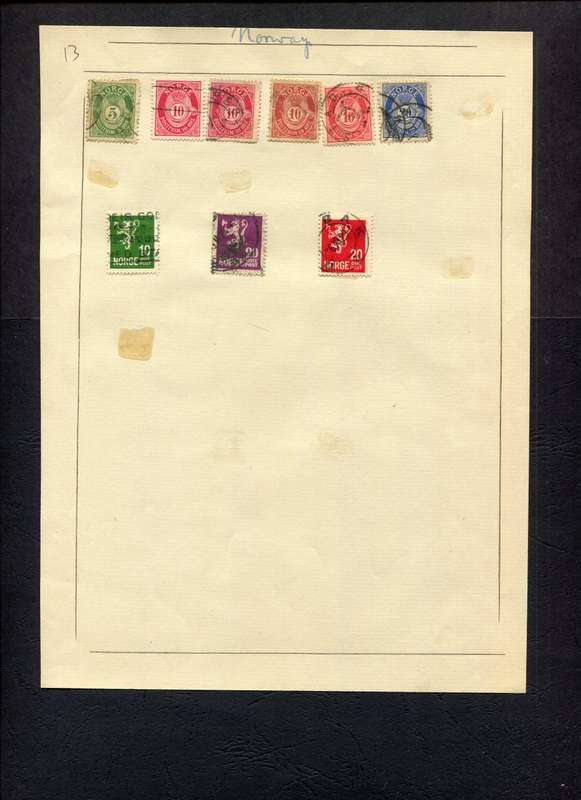 Norway - 9 Stamps Mounted (Hinged) on Old Album Page