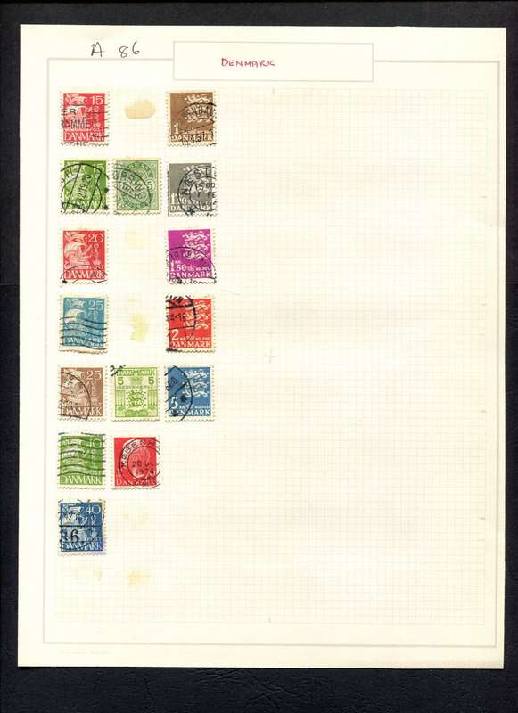 Denmark - 15 Stamps Mounted (Hinged) on Old Album Page