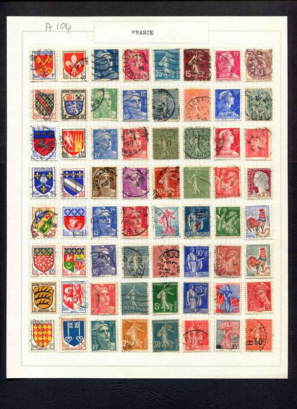 France - 64 Stamps Mounted (Hinged) on Old Album Page