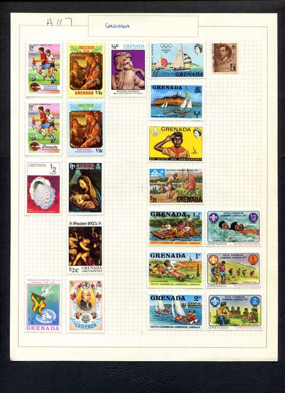 Grenada - 21 Stamps Mounted (Hinged) on Old Album Page
