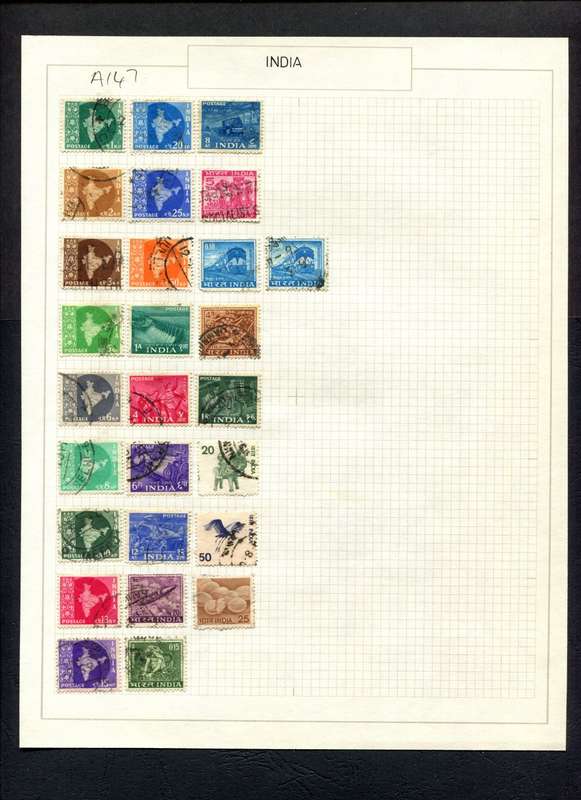 India - 27 Stamps Mounted (Hinged) on Old Album Page