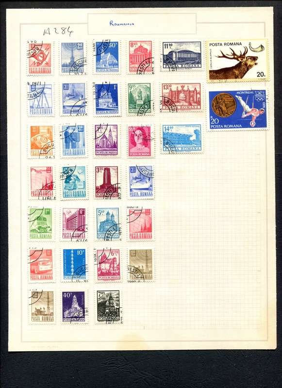 Romania - 32 Stamps Mounted (Hinged) on Old Album Page