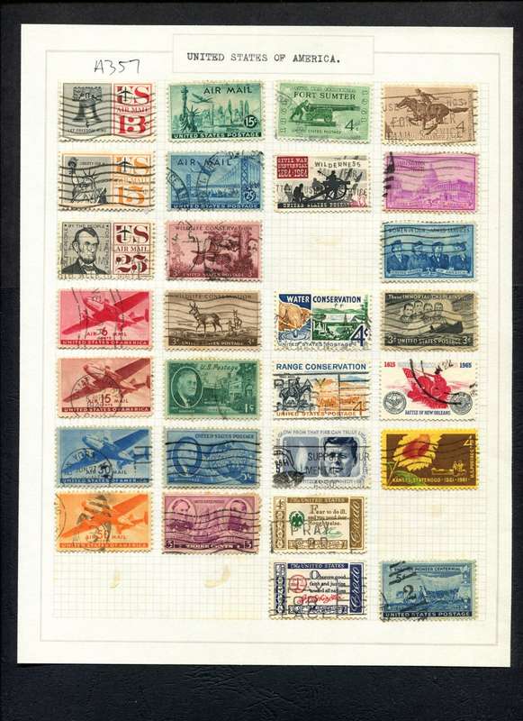USA - 28 Stamps Mounted (Hinged) on Old Album Page