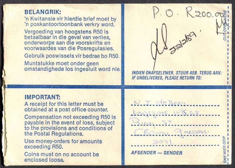 RSA - Cover Registered At Bertsham Post Office