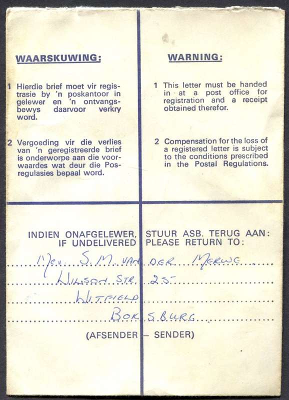 RSA - Cover Registered At Braamfontein Post Office