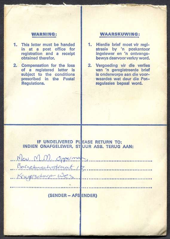 RSA - Cover Registered At Braamfontein Post Office