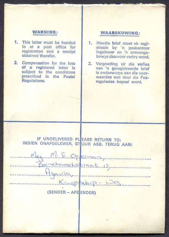RSA - Cover Registered At Braamfontein Post Office