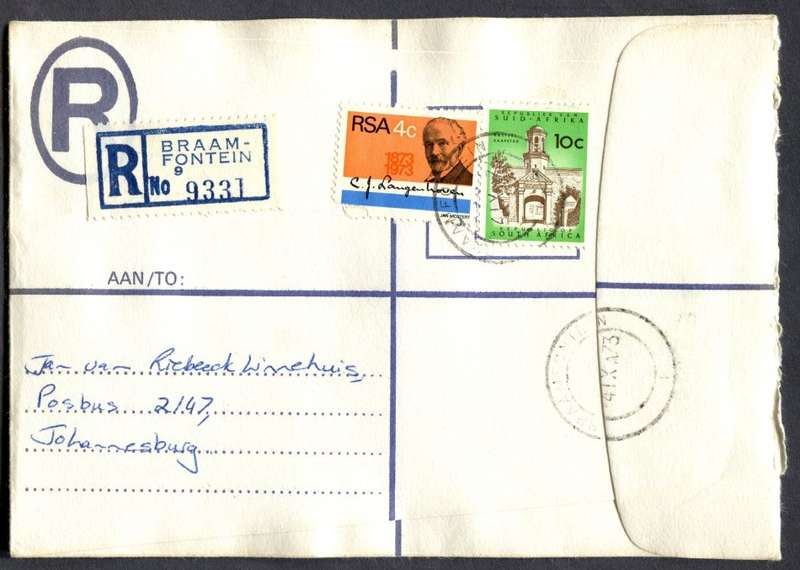 RSA - Cover Registered At Braamfontein Post Office