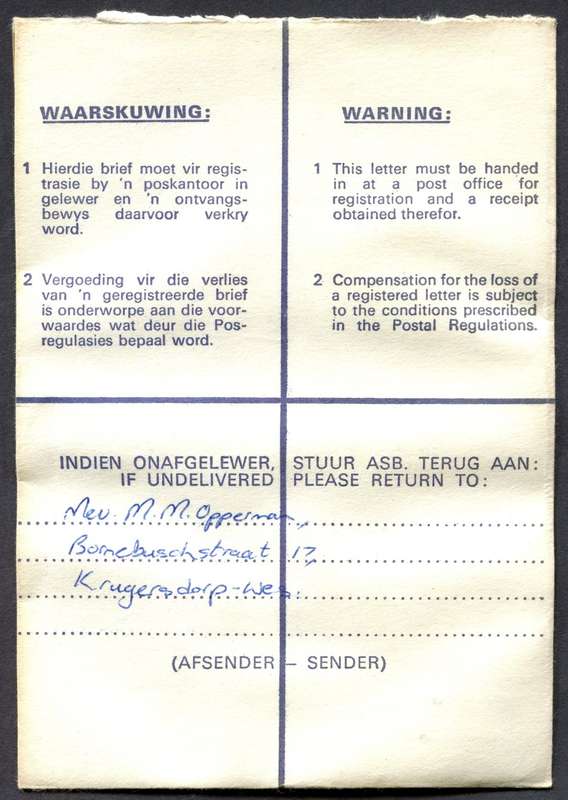 RSA - Cover Registered At Braamfontein Post Office