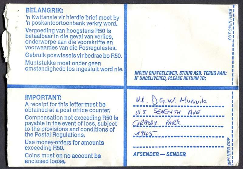 RSA - Cover Registered At Grassy Park Post Office