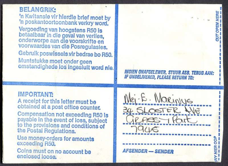 RSA - Cover Registered At Grassy Park Post Office