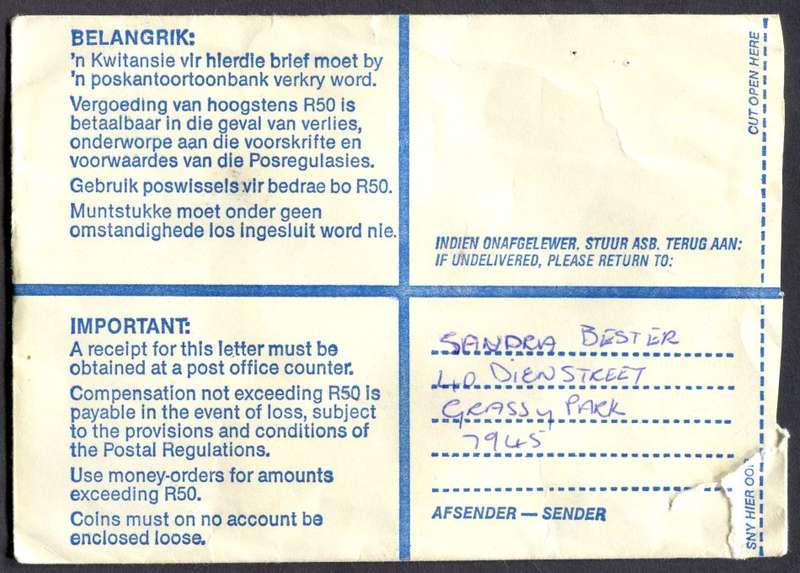RSA - Cover Registered At Grassy Park Post Office