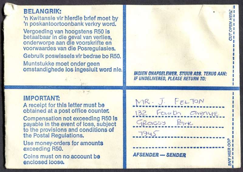 RSA - Cover Registered At Grassy Park Post Office