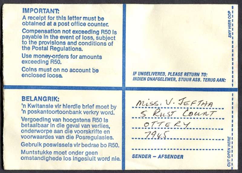 RSA - Cover Registered At Grassy Park Post Office