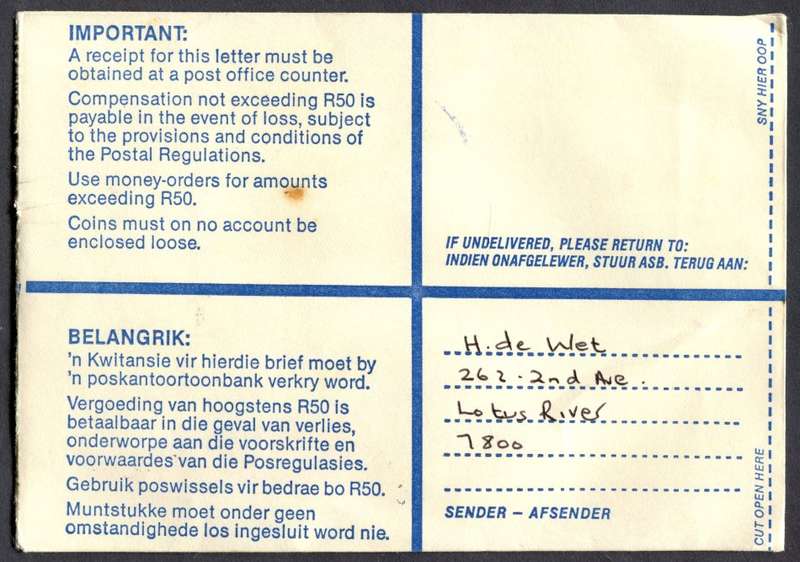 RSA - Cover Registered At Grassy Park Post Office