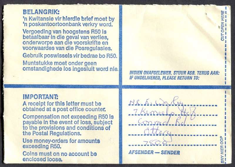 RSA - Cover Registered At Grassy Park Post Office