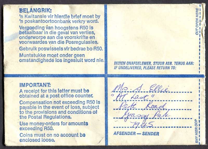 RSA - Cover Registered At Grassy Park Post Office