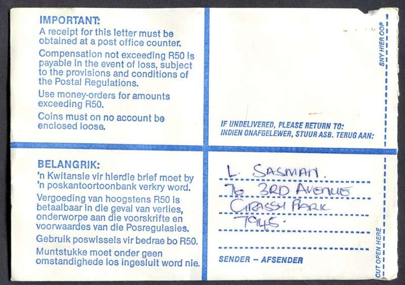 RSA - Cover Registered At Grassy Park Post Office