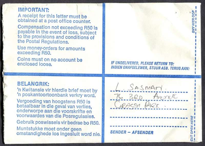 RSA - Cover Registered At Grassy Park Post Office