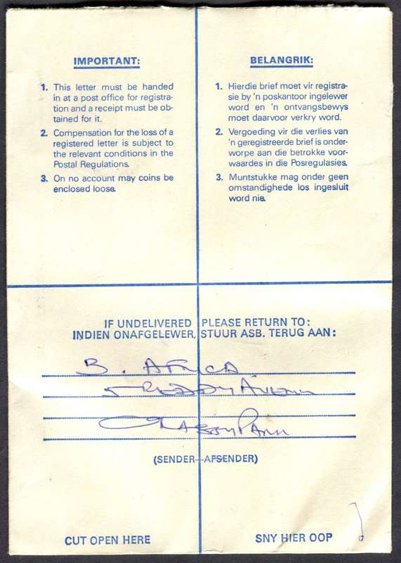 RSA - Cover Registered At Grassy Park Post Office