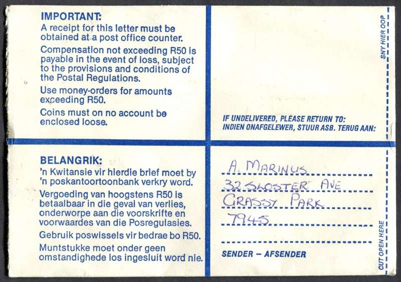 RSA - Cover Registered At Grassy Park Post Office