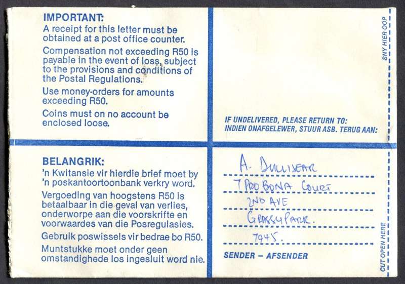RSA - Cover Registered At Grassy Park Post Office