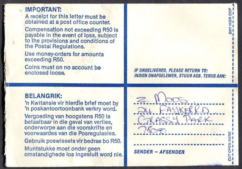 RSA - Cover Registered At Grassy Park Post Office