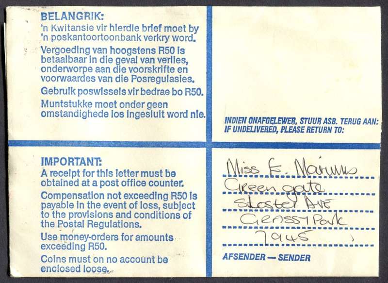 RSA - Cover Registered At Grassy Park Post Office