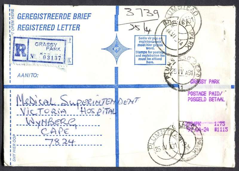 RSA - Cover Registered At Grassy Park Post Office