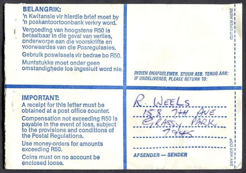 RSA - Cover Registered At Grassy Park Post Office