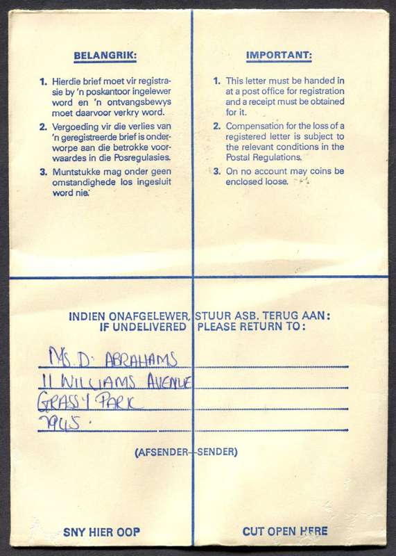 RSA - Cover Registered At Grassy Park Post Office