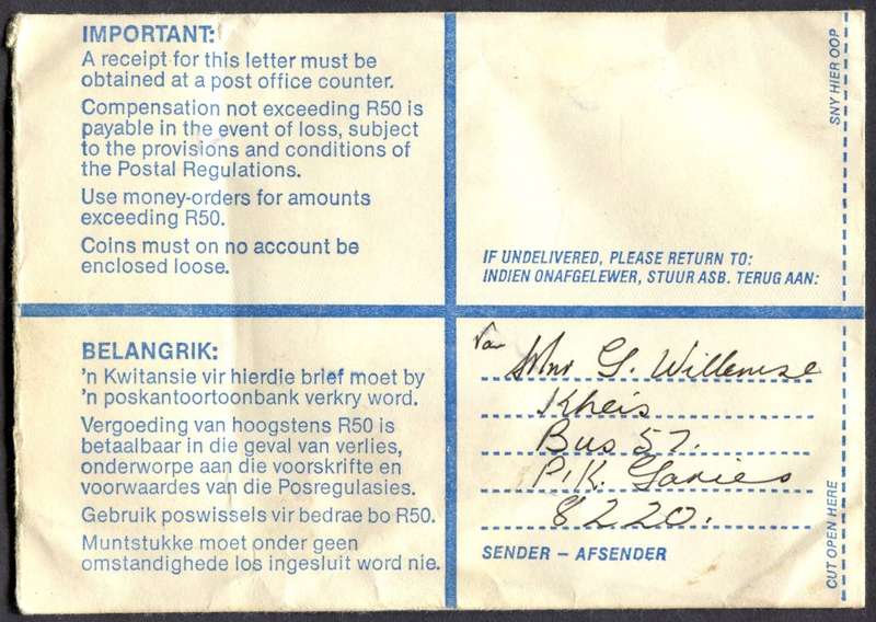 RSA - Cover Registered At Garies Post Office