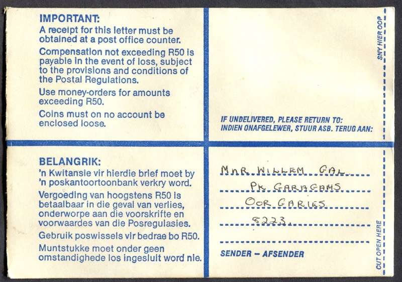 RSA - Cover Registered At Garies Post Office