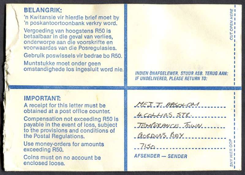 RSA - Cover Registered At Gordon's Bay Post Office