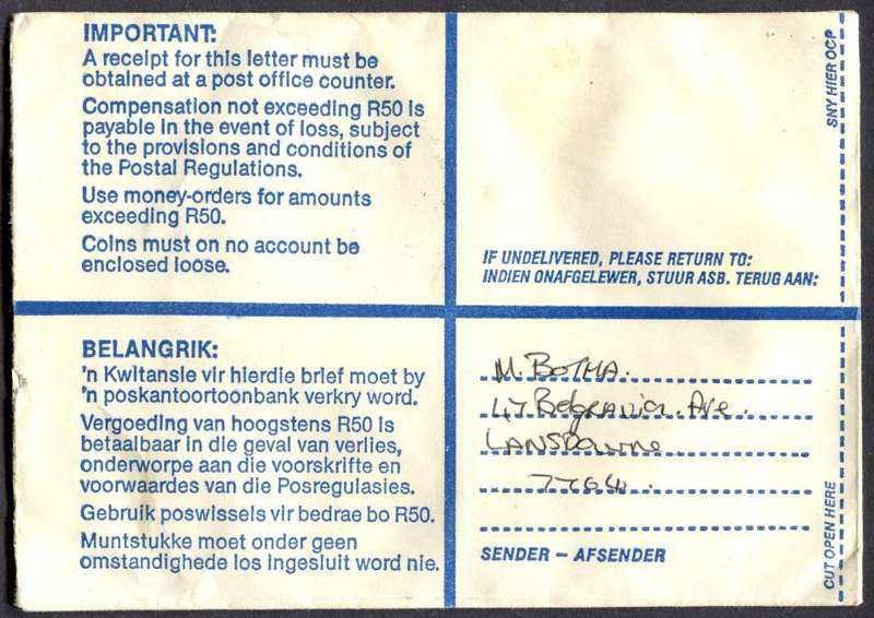 RSA - Cover Registered At Glosderry Post Office